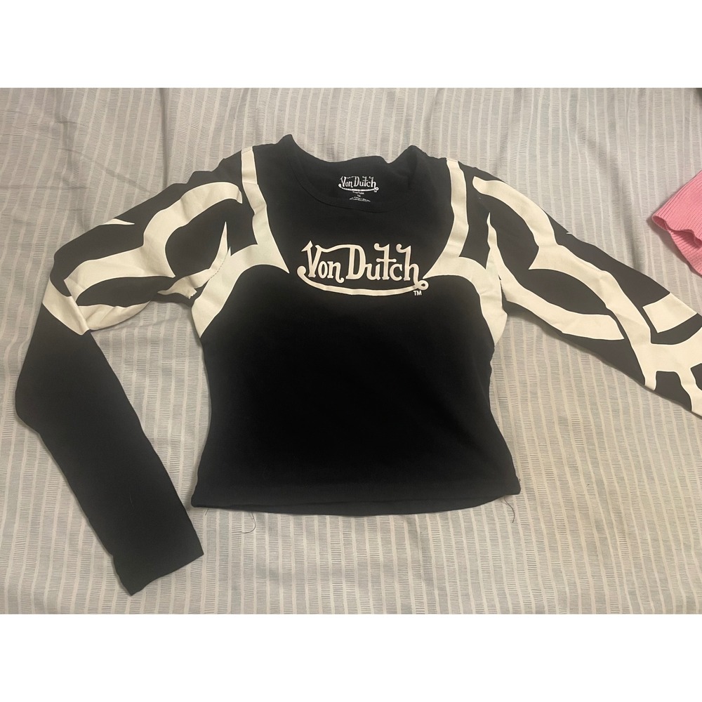 Von Dutch Womens Black White Graphic Long Sleeve Tribal Logo Tee Shirt M